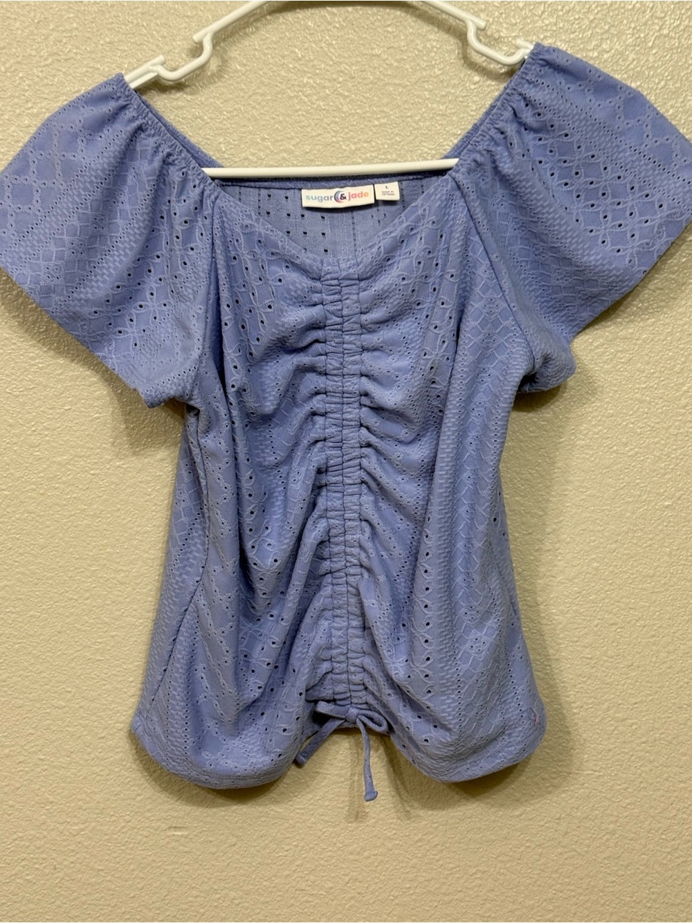 Sugar & Jade Blue Eyelet Cinch Ruched Crop Top Girls Size L 10/12